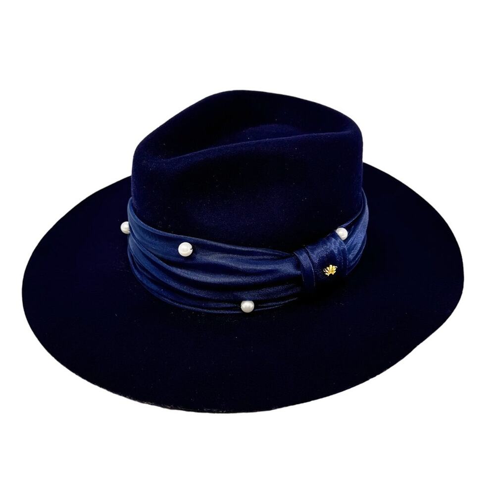 NWT Lele Sadoughi Wool Pearl Detail Navy Rancher Hat